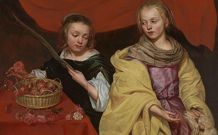 Imagen principal - Arriba, 'Dos niñas como Santa Inés y Santa Dorotea', c. 1655. Museos Reales de Bellas Artes de Amberes. Sobre estas líneas, a la izquierda, 'La educación de la Virgen', 1656. Detalle. Colección privada. A la derecha, 'Retrato de Martino Martini', 1654. The Klesch Collection, London