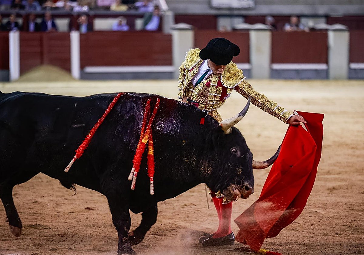 Así embistió el infumable sexto en la muleta de Jarocho,con la montera calada