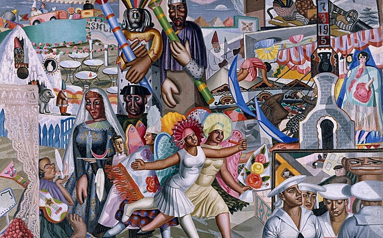 Imagen principal - Arriba, 'La verbena', del Museo Reina Sofía. Sobre estas líneas, a la izquierda, 'Kermesse, del Centro Pompidou de París. A la derecha, 'El Mago / Pim Pam Pum', del Art Institute de Chicago. Detalle