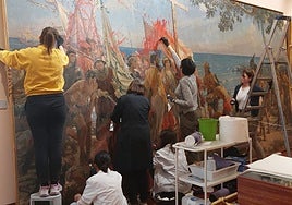 Los técnicos del Museo Naval salvan el cuadro de Colón atacado por los ecoterroristas de Futuro Vegetal