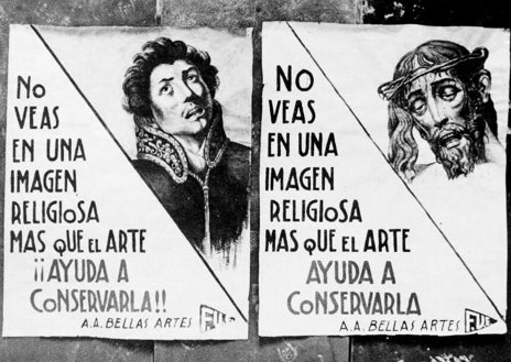 Imagen secundaria 1 - Haciendo inventario de incautaciones, carteles con mensajes para la protección del patrimonio en zona republicana e imagen de un depósito artístico incluida en una publicación del SDPAN en 1940