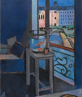 Imagen secundaria 2 - Arriba, una joven junto a tres obras en la exposición ('La argelina' y 'Marguerite con gato negro', ambas de Matisse, e 'Yvette o el vestido a cuadros', de Chabaud). Sobre estas líneas, a la izquierda, 'Autorretrato' de Matisse, de 1900, y 'El lujo I', de Matisse, 1907. A la derecha, 'Interior con pecera', 1914, de Matisse. Centro Pompidou, París