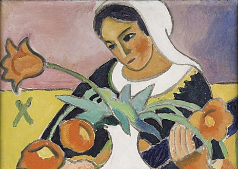 Imagen secundaria 1 - Arriba, 'Filme abstracto', 1952-1976, de Raymond Hains. Centro Pompidou, París. Sobre estas líneas, a la izquierda, 'Mujer tocando el laúd', 1910, de August Macke. Centro Pompidou, París. Detalle. A la derecha, 'Margarita con gato negro', 1910, de Matisse. Centro Pompidou, París