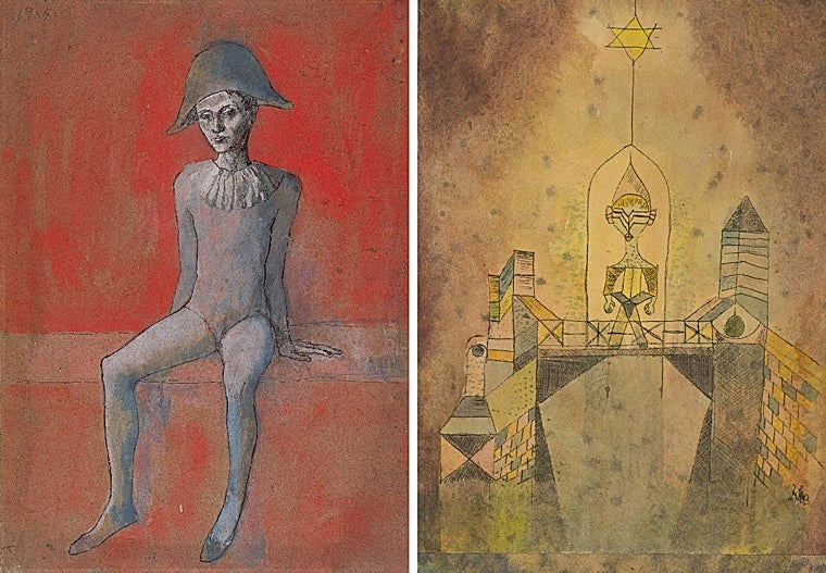 Soldaki, Picasso'nun 'Oturan Harlequin', 1905. Sağda, Klee'nin 'Köprüdeki Palyaço', 1920