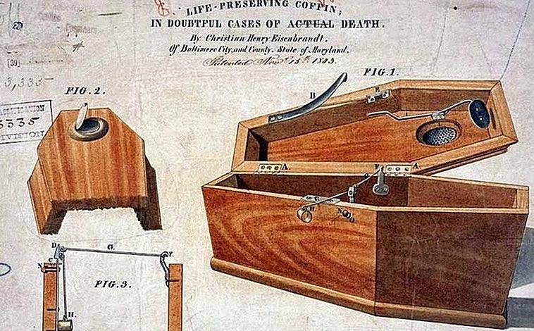 Imagen principal - Diseño de un ataúd con apertura desde el interior para no ser enterrado vivo. Espectáculo de un faquir que se enterraba vivo y cartel de la película 'La obsesión', de Roger Corman