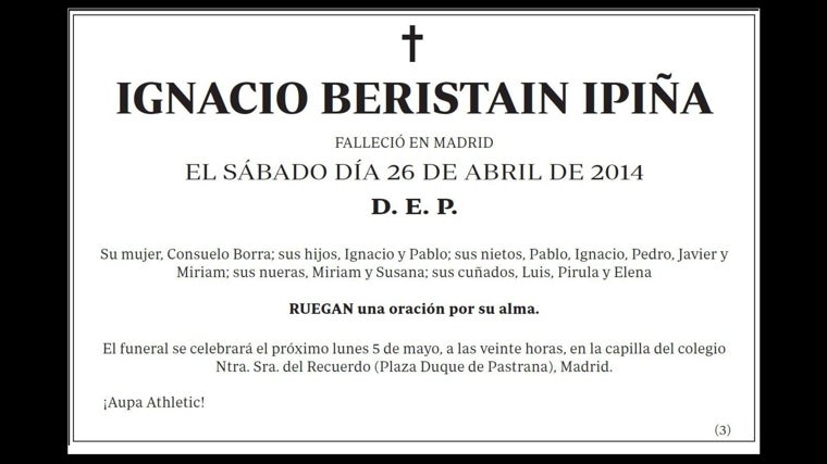 Esquela de Ignacio Beristain Ipiña... ¡Aúpa Athletic!