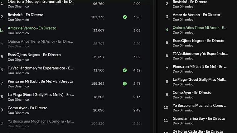 Captura de pantalla con las canciones en gris (deshabilitadas, a la izquierda) y en blanco (habilitadas, a la derecha