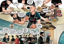 Dabiz Muñoz, emplatado en cómic y convertido en un Tintín con cresta que viaja en el tiempo