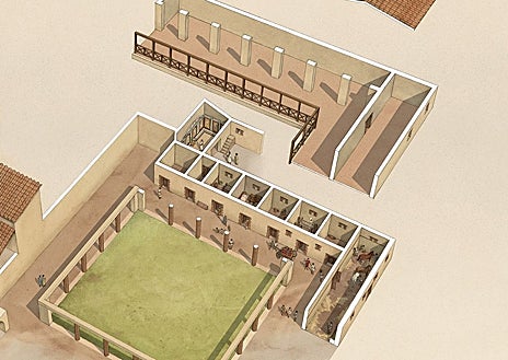 Imagem Secundária 1 - Fragmento do conteúdo das ânforas, reconstrução dos quartos da Civita Giuliana e um dos recipientes de alimentos.