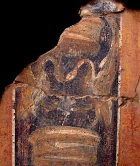 Imagen secundaria 2 - Estancia de la Casa de los Grifos con los fragmentos de pintura mural recolocados en su posición original. Abajo, detalle de Júpiter y de los cisnes de los interpaneles