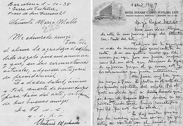 On the left, letter sent by Antonio Machado to Maruja Mallo on October 1, 1938. On the right, letter from Maruja Mallo to Rafael Zabaleta sent from the Hotel Nogaro-Casino Punta del Este, on April 1, 1949.