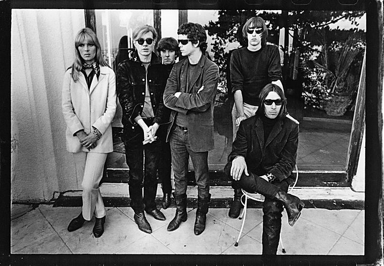Andy Warhol with The Velvet Underground (Moe Tucker, Lou Reed, Sterling Morrison and John Cale) and Nico (left)