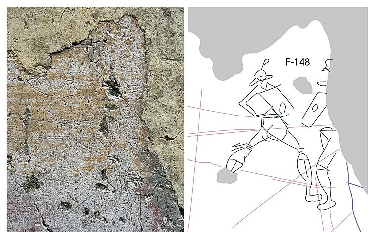 Imagen principal - Grafito de una lucha de gladiadores, inscripción de 'Erato ama' y técnica utilizada