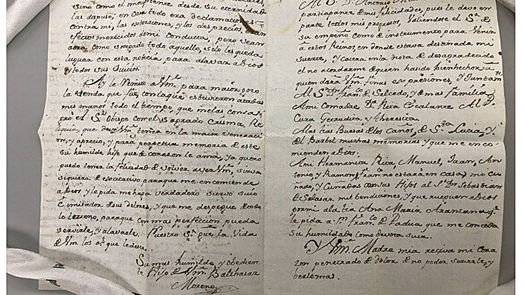 Carta enviada por Baltasar Moreno, padre espanhol radicado em Lima na década de 1770, dirigida à sua mãe.