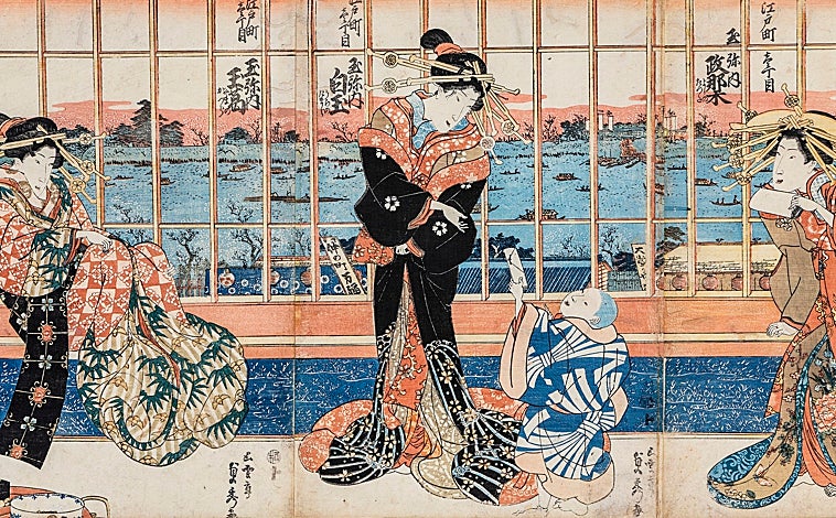 Imagen principal - Arriba, 'Cortesanas de la Casa Tamayasitaen', de Utagawa Sadahide. Detalle. Sobre estas líneas, a la izquierda, 'La casa de baños de Akashi', de Utagawa Kunisada. Detalle. A la derecha, 'La cortesana Miyato de la Casa Kado Tamaya', de Isoda Koryūsai