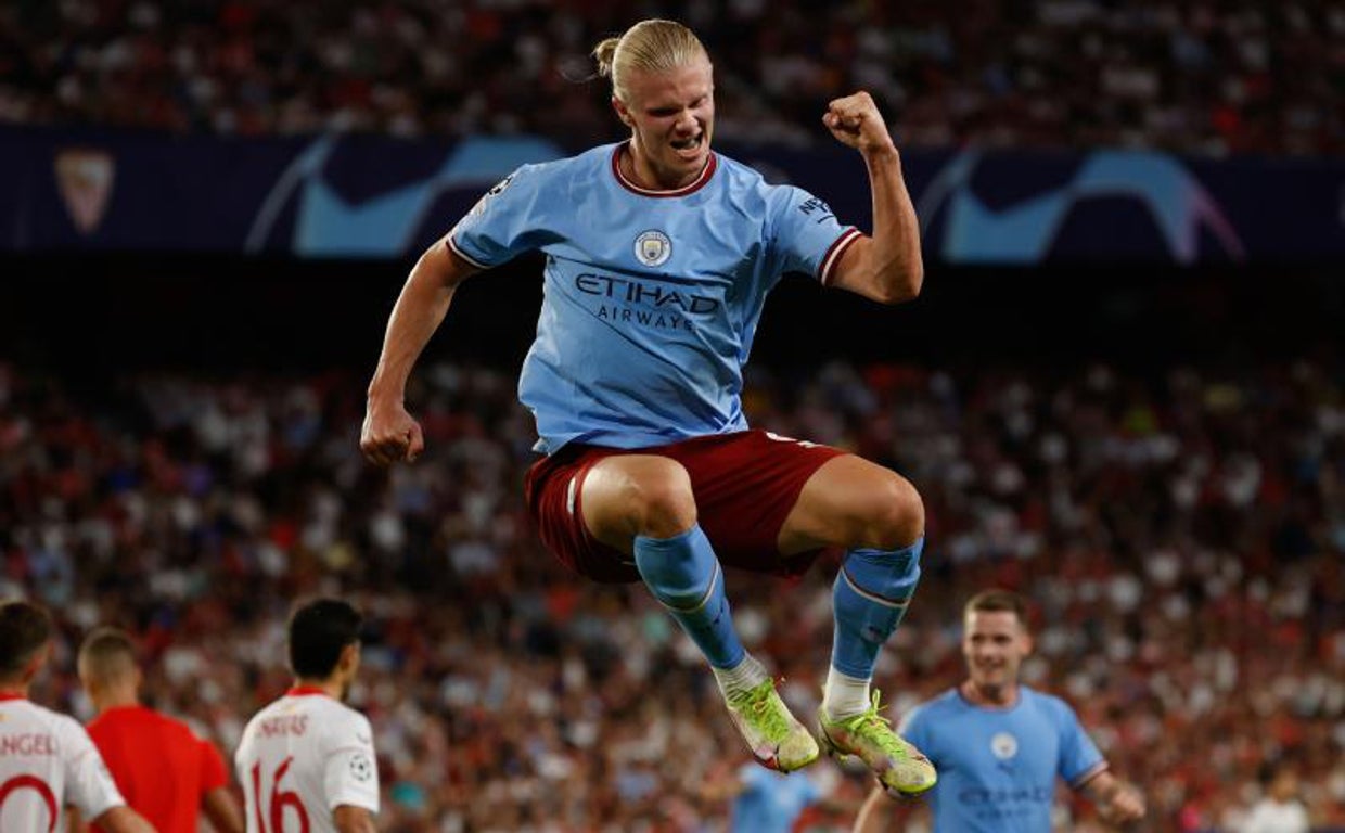 Haaland celebra su segundo gol en el Pizjuán