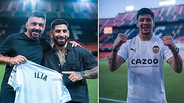 A la izquierda: Ilia Topuria, con el entrenador del Valencia, Gennaro Gattuso. A la derecha: Brandon Moreno con la camiseta del Valencia