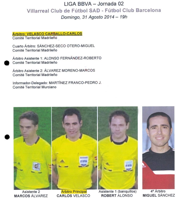 Imagen - Ficha del equipo arbitral del Villarreal - Barcelona en el informe de Negreira