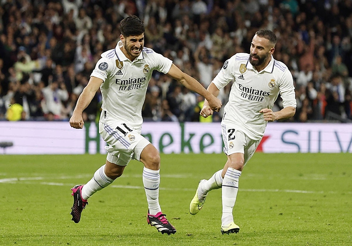 Marco Asensio celebra su gol contra el Chelsea en el partido de ida en el Bernabéu