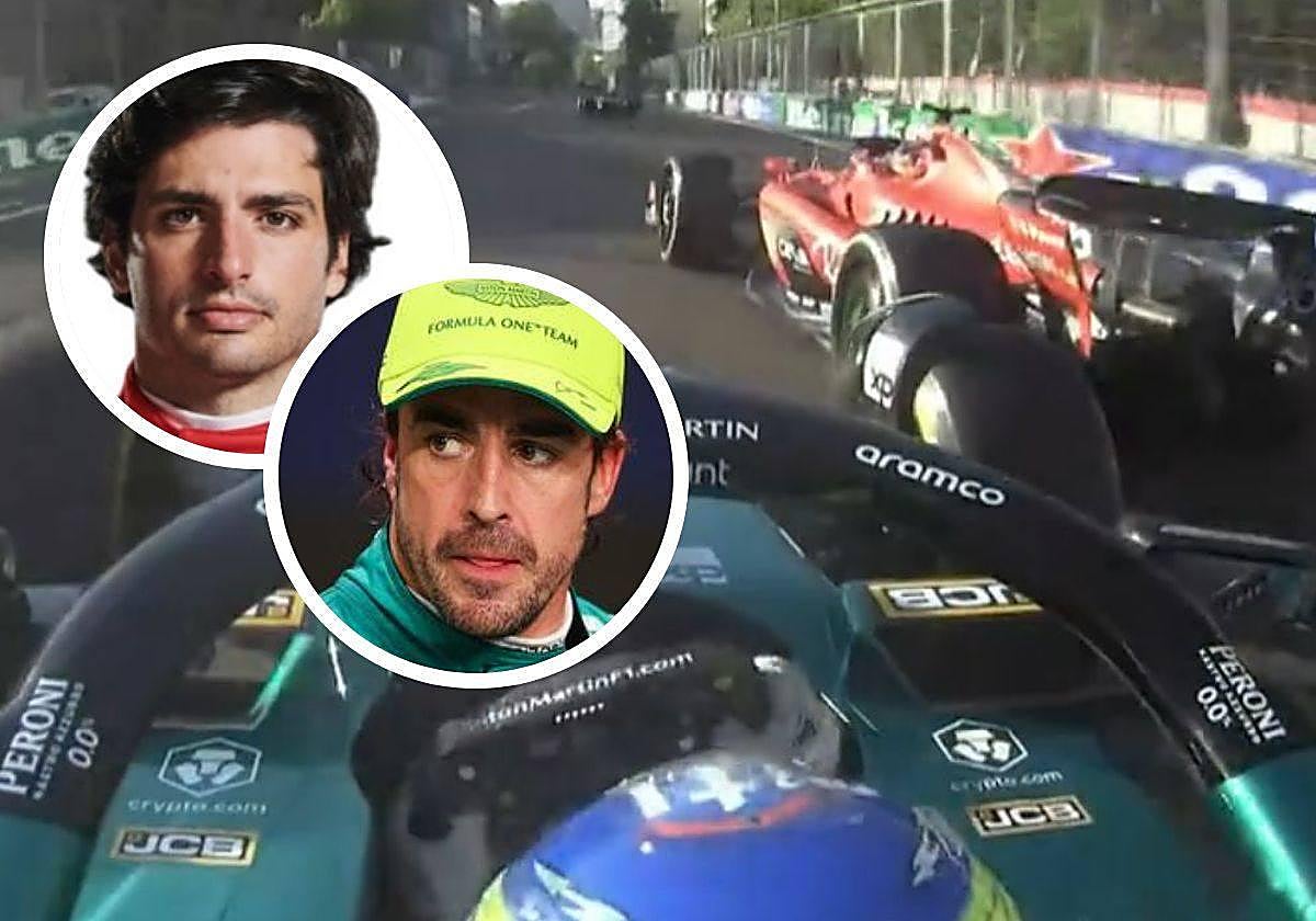 Los coches de Alonso y Sainz, en el momento que ha desatado la disputa en Bakú