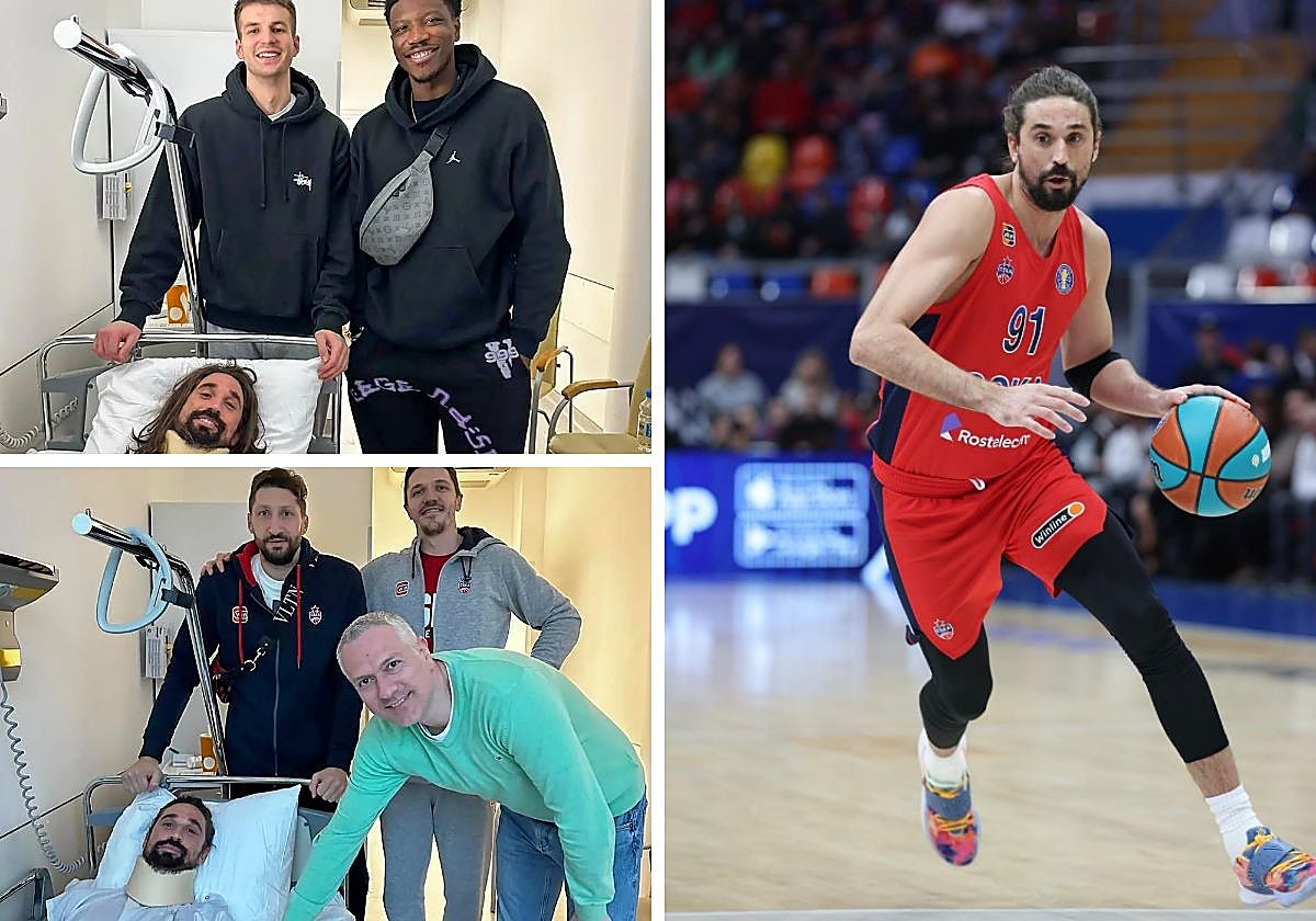 Shved junto a varios compañeros que le han visitado en el hospital