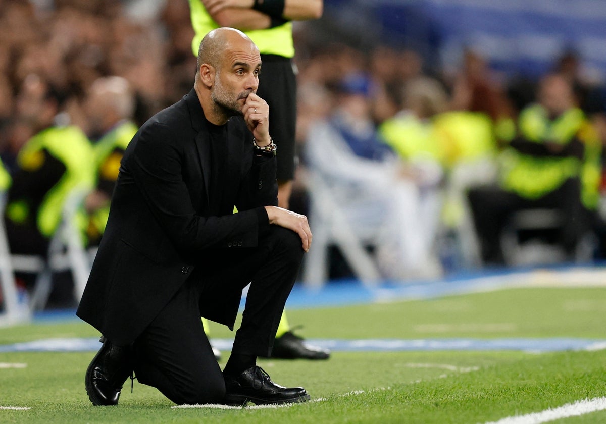 Pep Guardiola, durante el partido de ida en el Bernabéu