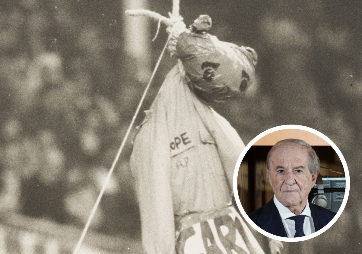 El muñeco ahorcado simbolizando la figura de José María García colgado del Bernabéu en noviembre de 1994