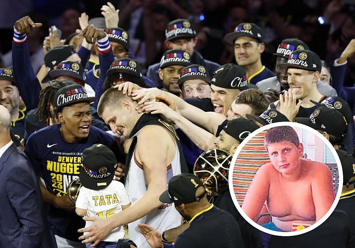 Jokic es felicitado por sus compañeros tras ganar el título de la NBA. A la derecha, Jokic de niño