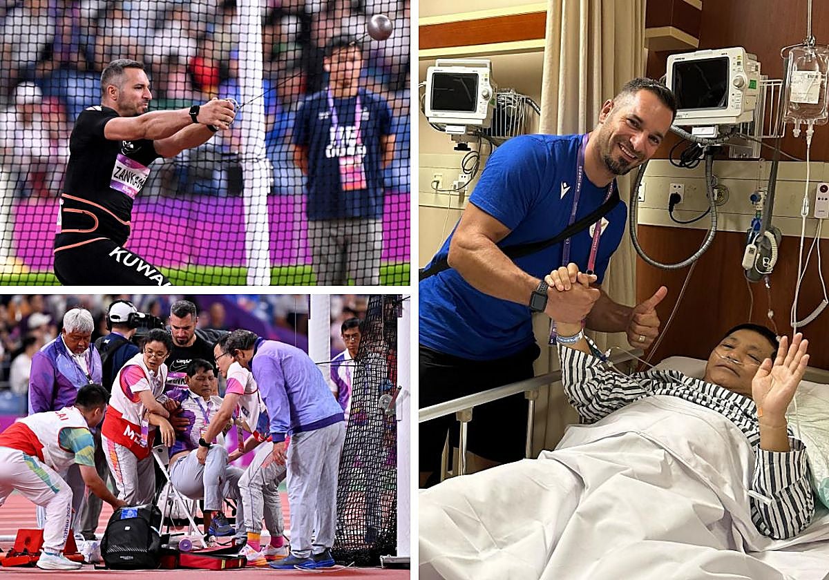 El lanzamiento de Ali Zarkawi impactó con violencia en la pierna del juez Huang Qinhua