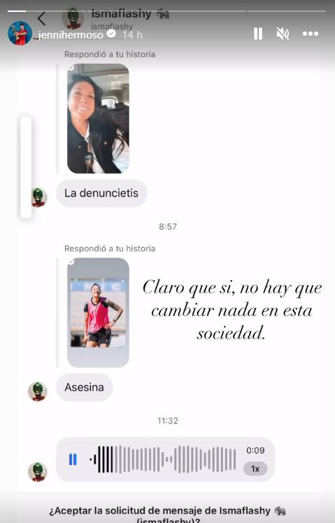 Story de Jenni Hermoso en Instagram denunciando los insultos recibidos