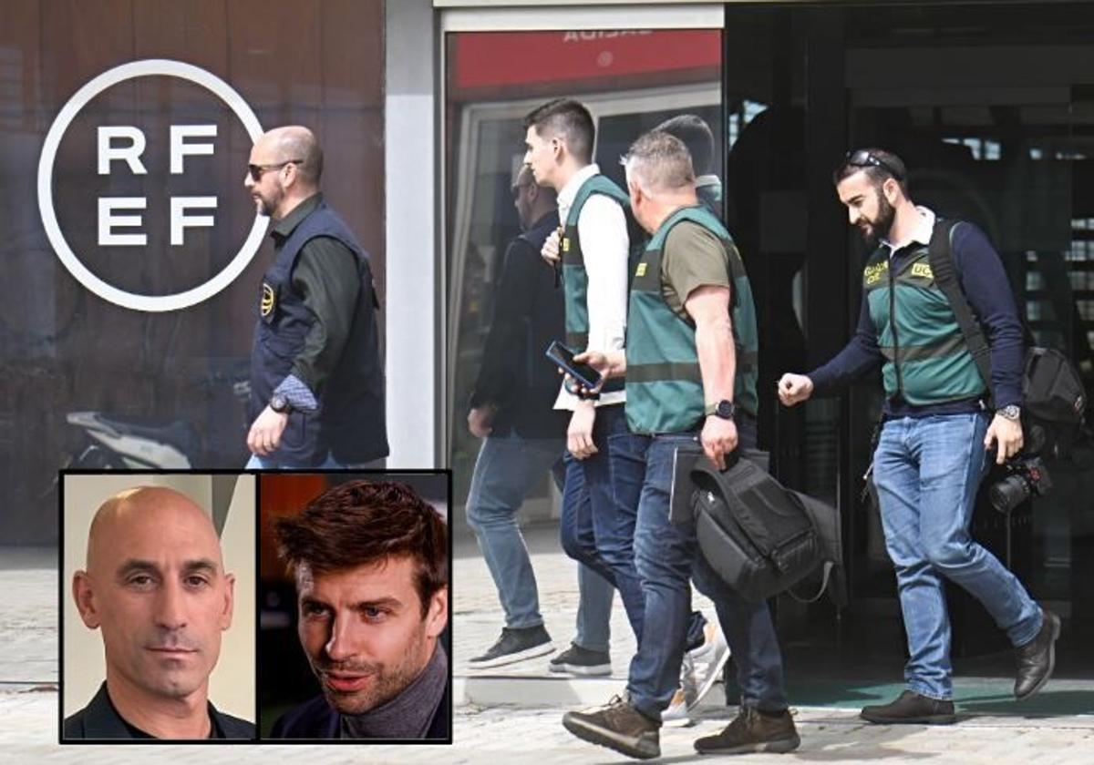 Agentes de la Guardia Civil y Europol en la sede de la RFEF, en Las Rozas de Madrid