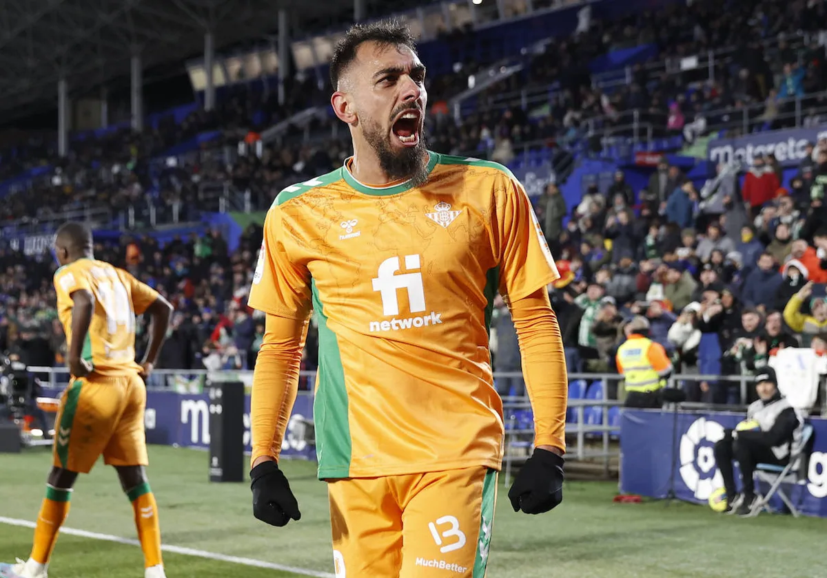 Borja Iglesias celebra un gol en un encuentro en casa del Getafe