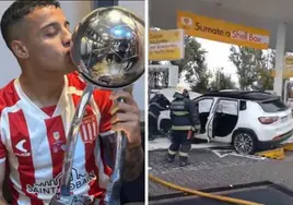 Tiago Palacios besando la Copa (izda) horas antes de colisionar contra una gasolinera (dcha)