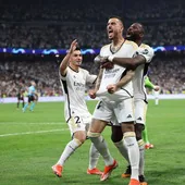 Joselu, Rudiguer y Brahim celebran el gol del 14 del Madrid en el tiempo de descuento contra el Bayern de Munich