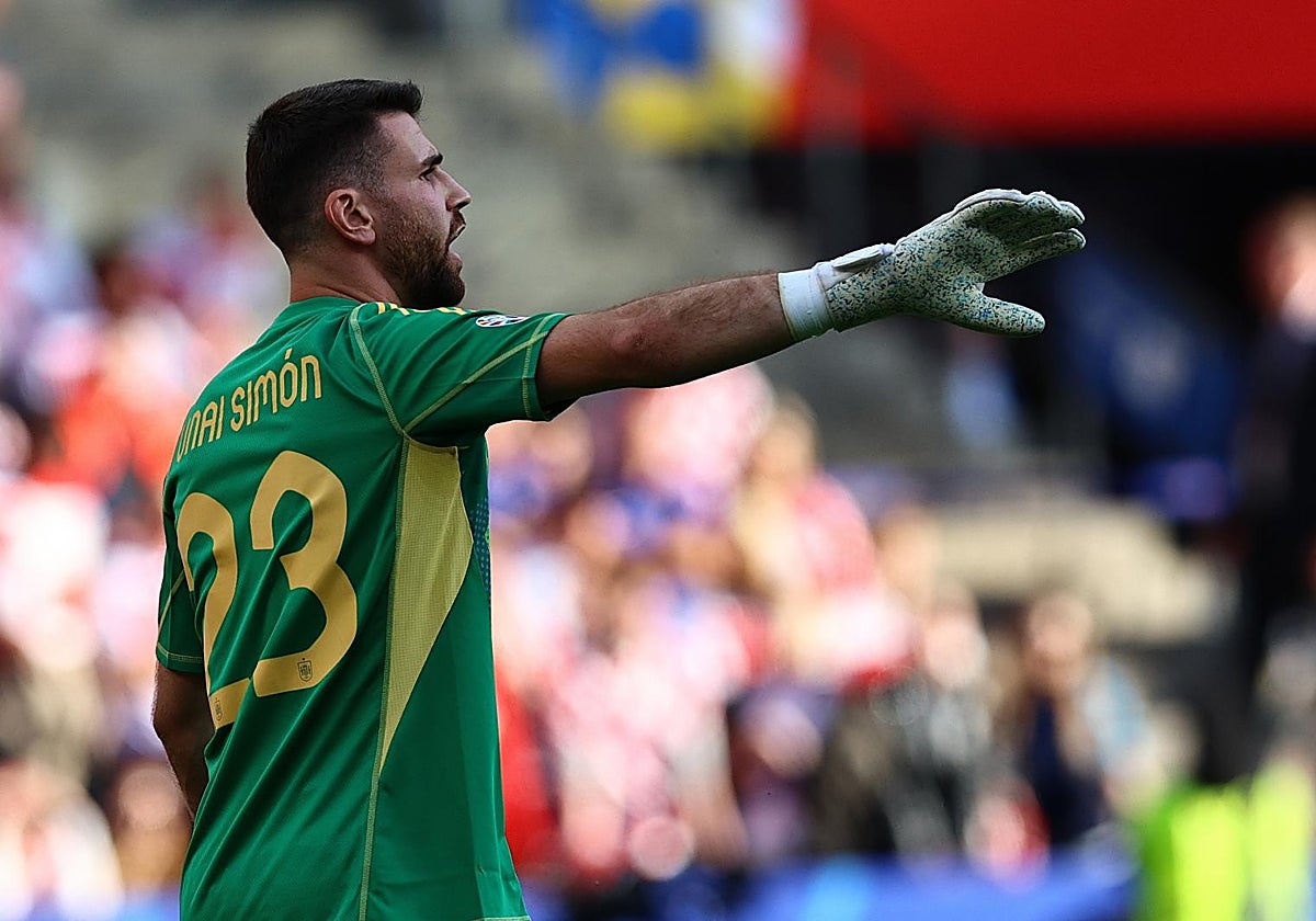 Unai Simón, durante el encuentro entre España y Croacia de la Eurocopa