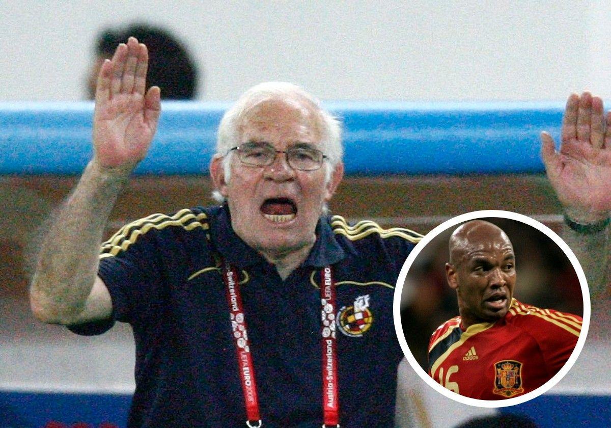 Luis Aragonés, durante la final de 2008 y Marcos Senna