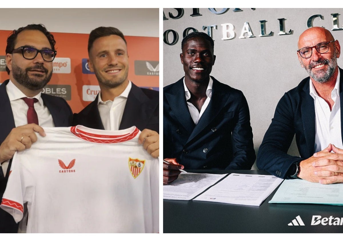 Víctor Orta, en la presentación de Saúl con el Sevilla FC; Monchi acompaña a Amadou Onana en su firma con el Aston Villa