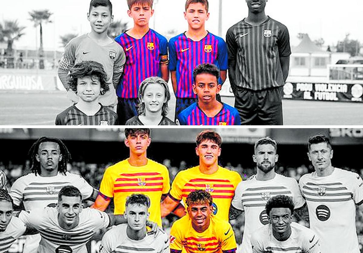 Lamine Yamal, Cubarsí y Bernal (los tres con 17 años) ya coincidieron en la categoría alevín del Barcelona. Eran el futuro de la Masia (imagen inferior), ahora son el presente del club catalán. El la foto superior, el sábado en Mestalla