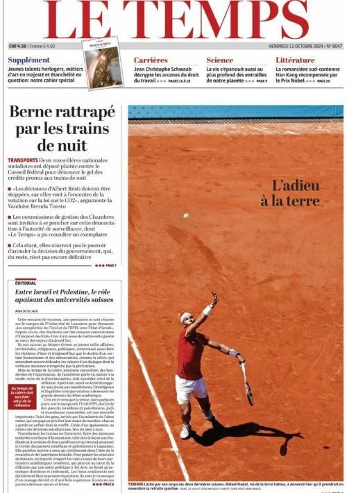 El medio suizo de 'Le Temps' ha centrado su portada en la carrera de Rafa con un mensaje de despedida a la tierra