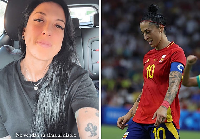 A la izquierda, la imagen compartida por Jenni Hermoso en sus redes sociales. A la derecha, durante un encuentro con la selección española