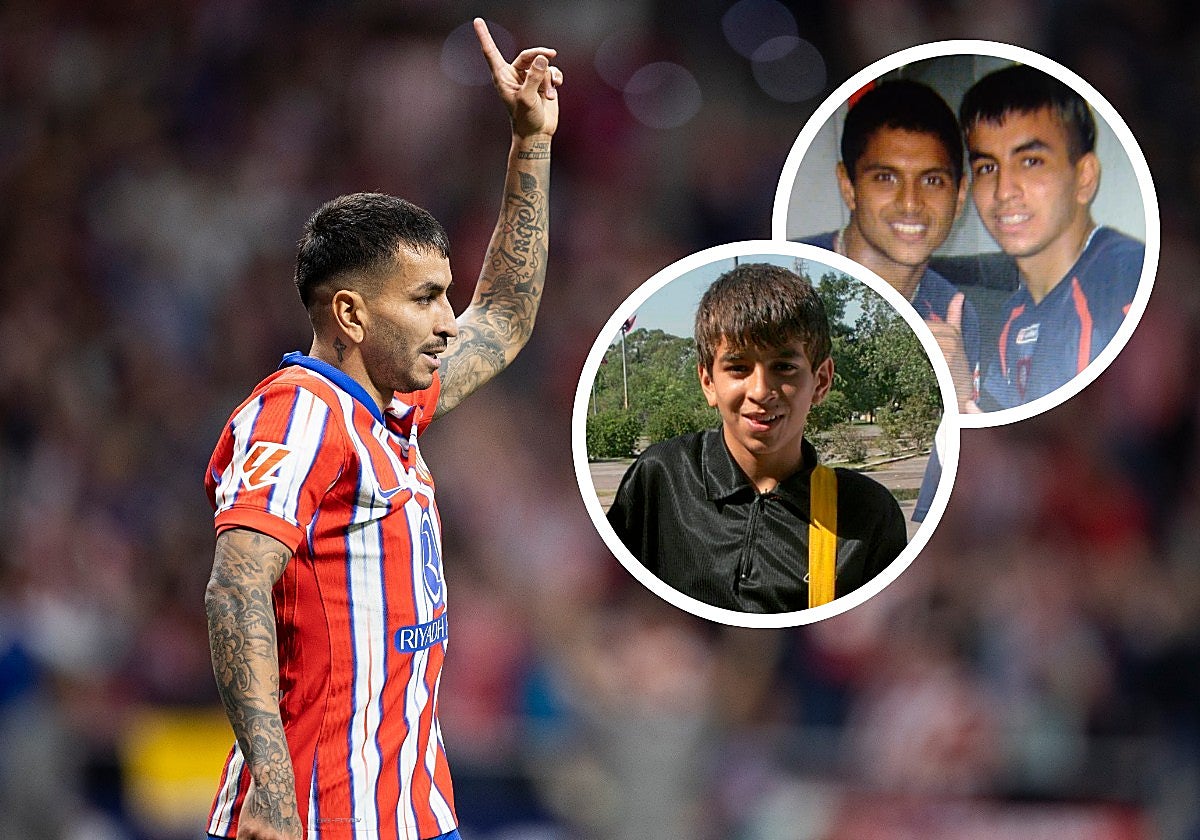 Ángel Correa celebra su gol ante el Madrid. Arriba, con 12 años y junto a Dani Ibáñez, su gran amigo