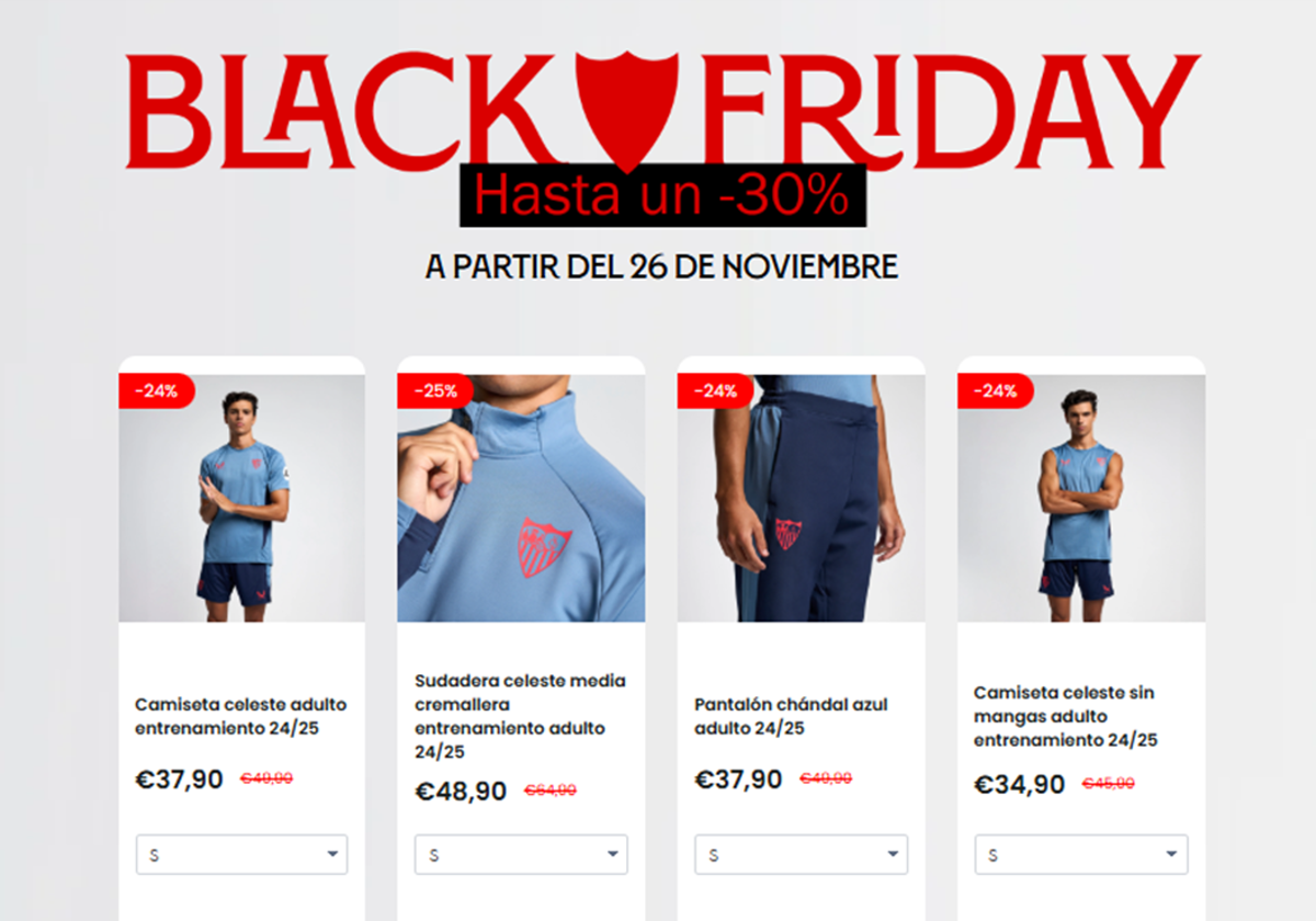 Web de la tienda oficial del Sevilla FC anunciando los descuentos por el Black Friday