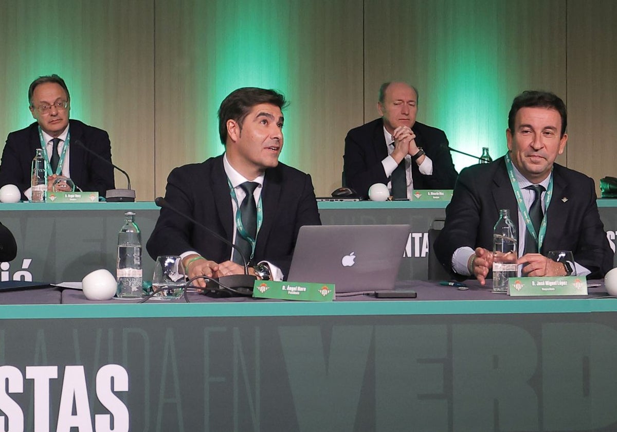 Haro y Catalán, en la mesa presidencial de la junta del Betis de diciembre de 2023