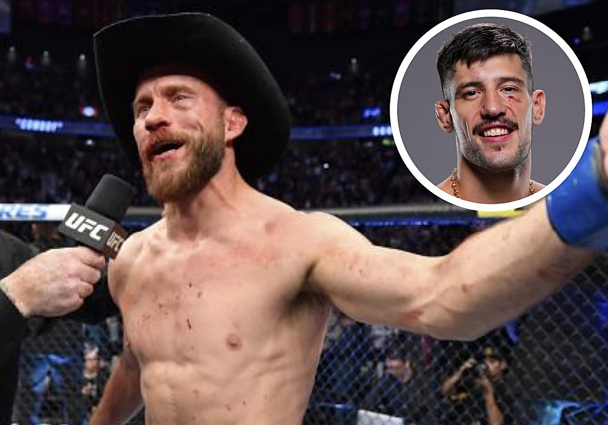 Donald Cerrone, sobre la jaula de la UFC. En el círculo, el español Joel Álvarez