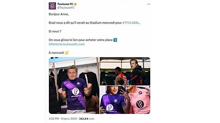Un falso Brad Pitt estafa casi un millón de euros a una mujer y el Toulouse FC se burla de ella