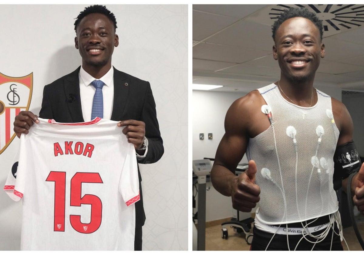 Akor Adams, con la camiseta del Sevilla FC y en el reconocimiento médico