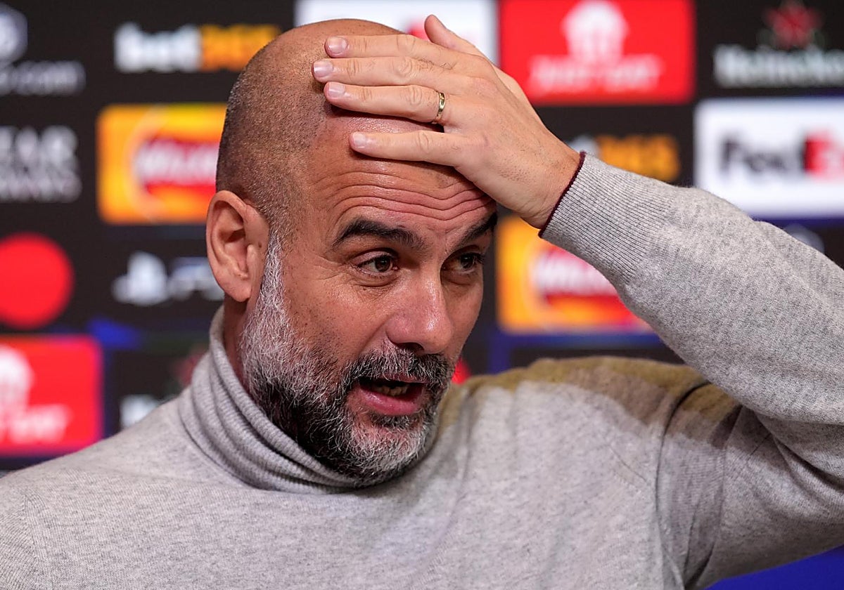 Pep Guardiola, durante la rueda de prensa previa al duelo ante el Brujas