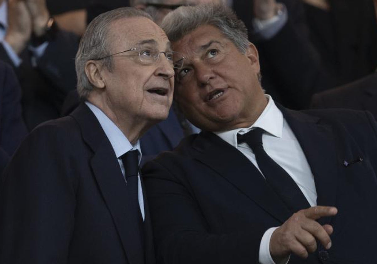 Florentino Pérez y Joan Laporta, en el Bernabéu durante partido de Liga de la pasada temporada