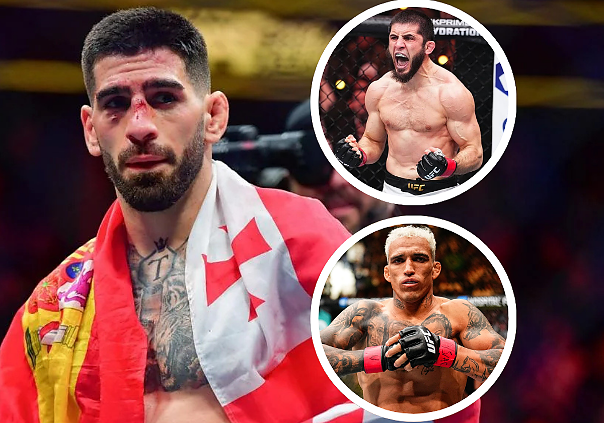 Ilia Topuria. En los círculos, Islam Makhachev y Charles Oliveira