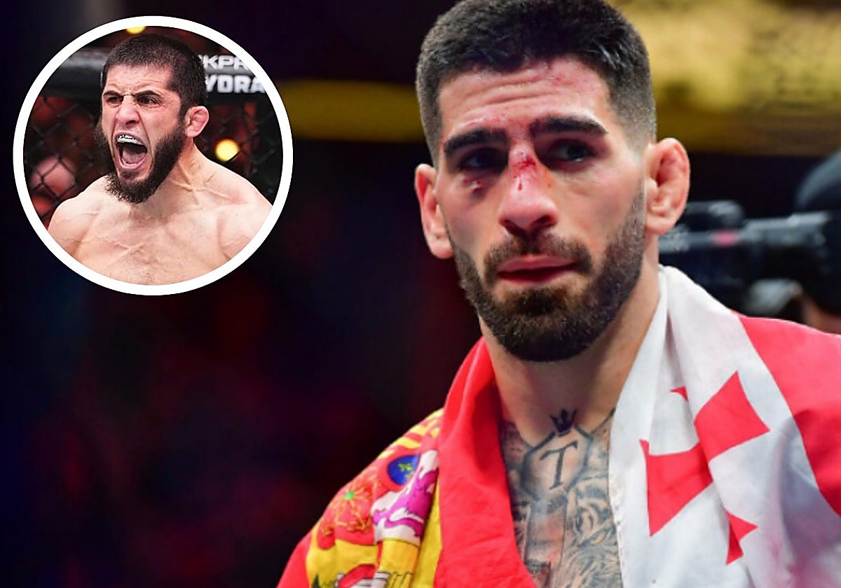 Ilia Topuria, tras ganar su título. En el círculo, Islam Makhachev